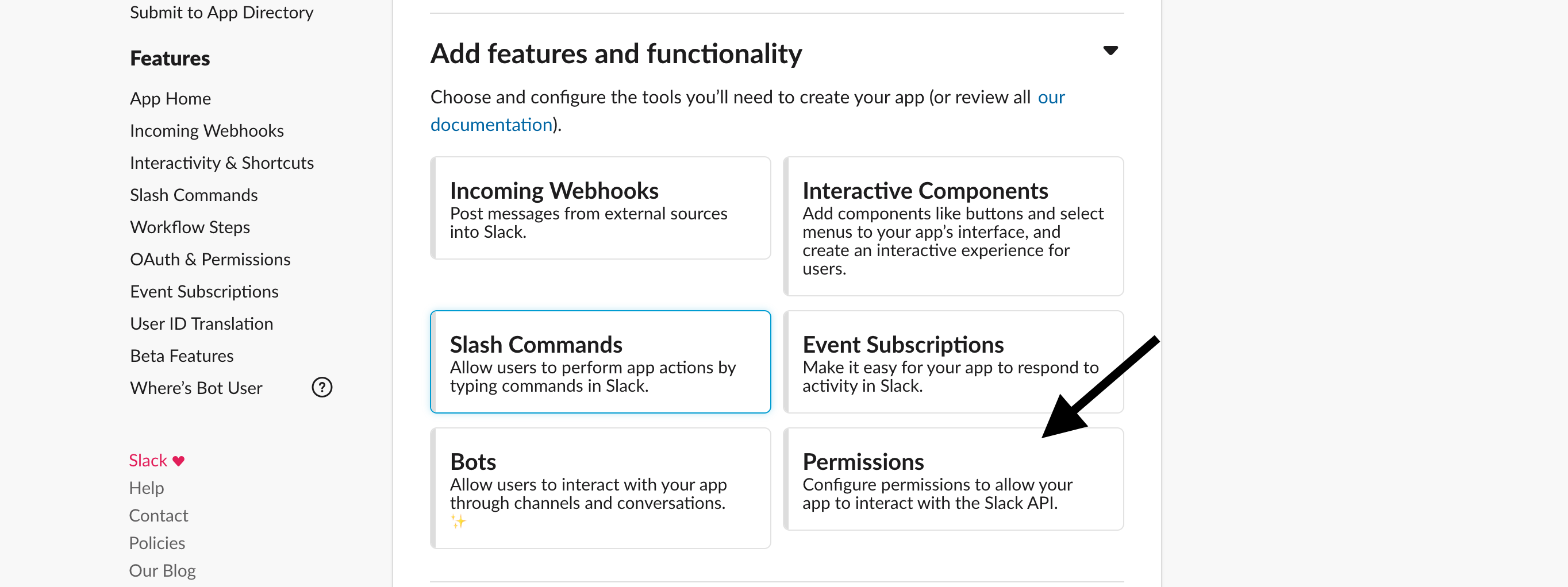 Slack API Configuration Screen with an arrow pointing to permissions